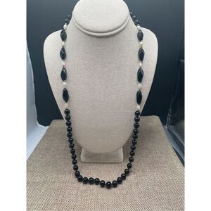 Black Onyx and Pearl Necklace Gold Rondelle Beads 15” Collections Gift Ideas